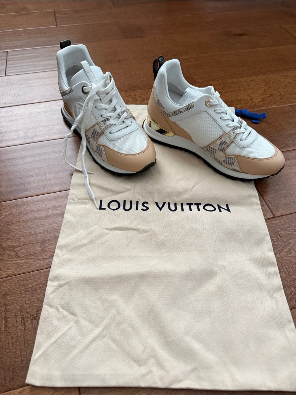 Louis Vuitton White & Beige Leather Mesh Sneakers with Gold Accent